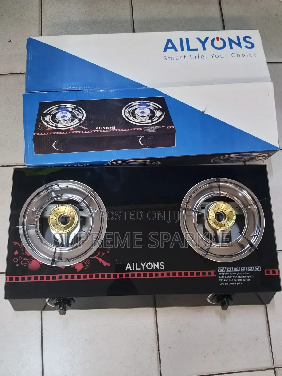 2-Burner Gas Stove AILYONS Tempered Glass Tabletop Cooker.