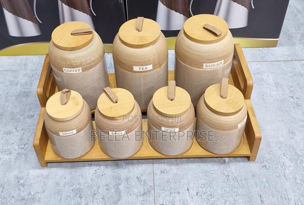 7pc Speckled Ceramic Spice Set With Wooden Stand - main view