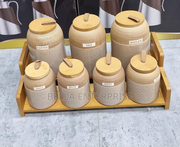 7pc Speckled Ceramic Spice Set With Wooden Stand - thumbnail 2