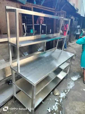 Three-Tier Stainless Steel Table With Double Overshelves