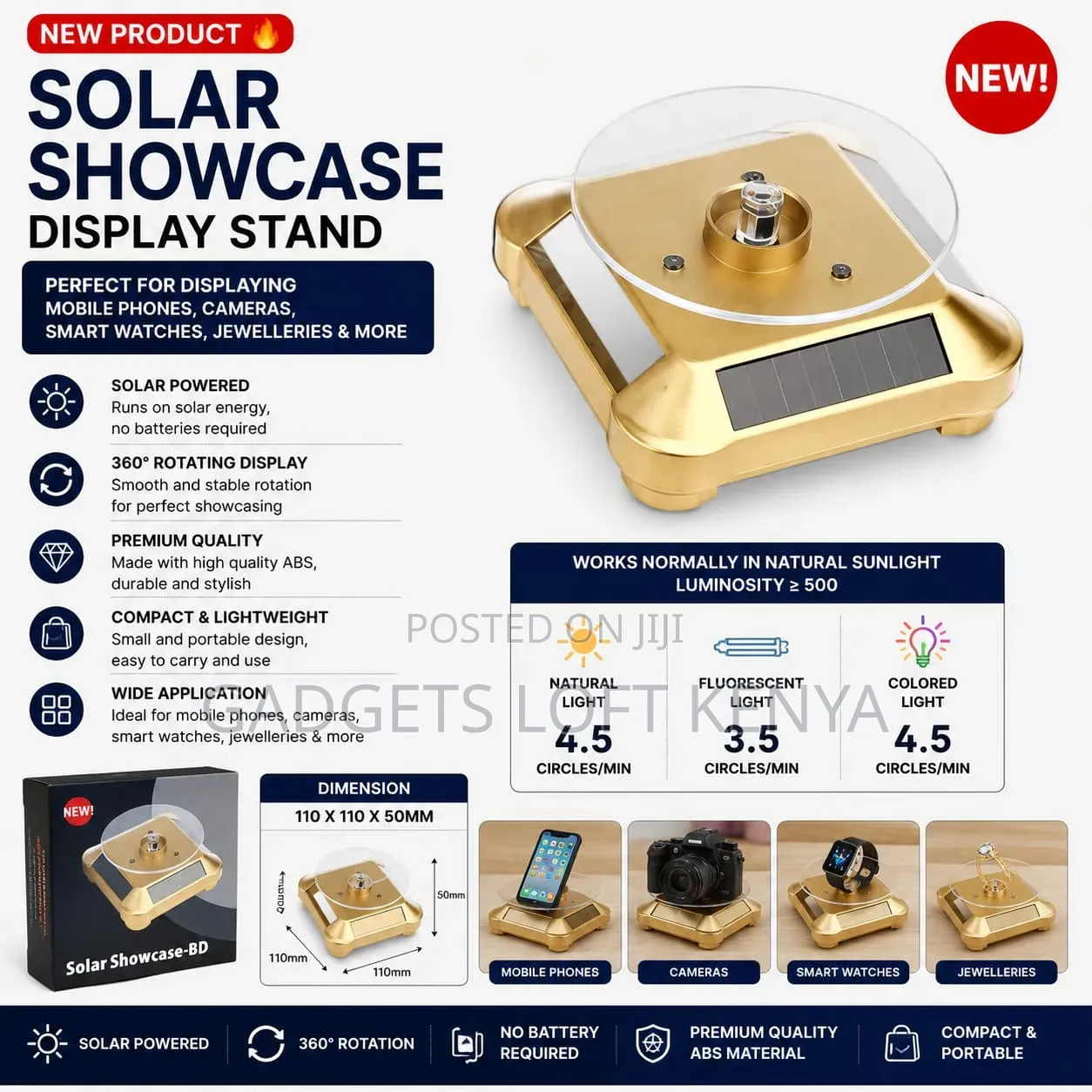 360° Rotating Solar Powered Display Stand for Phones, Cameras, Watches