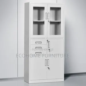 Steel Office Storage Cabinet With Glass Doors, Drawers Lockable