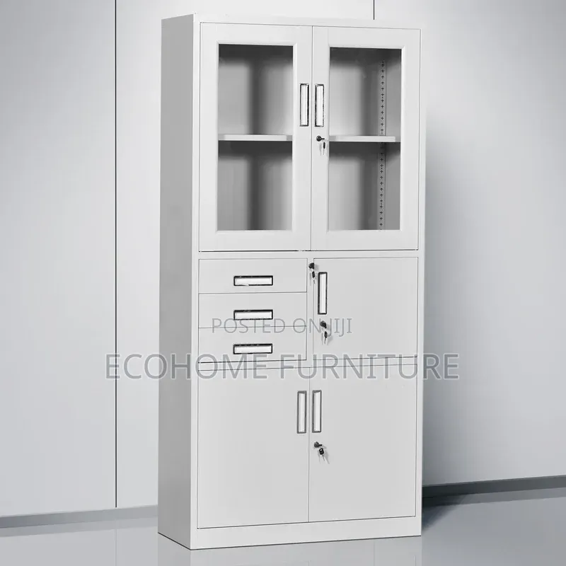 Steel Office Storage Cabinet With Glass Doors, Drawers Lockable