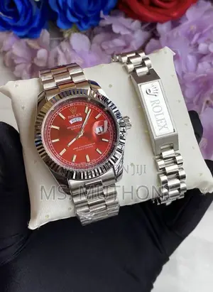 Stylish Red-Dial Rolex-Inspired Day-Date Watch X Bracelet