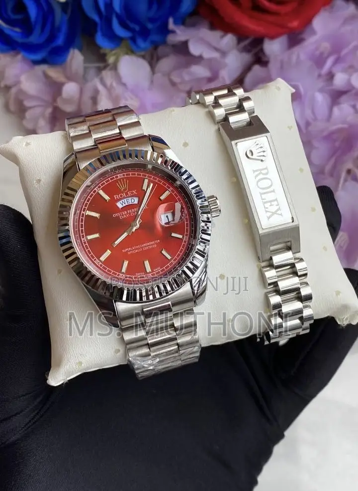Stylish Red-Dial Rolex-Inspired Day-Date Watch X Bracelet