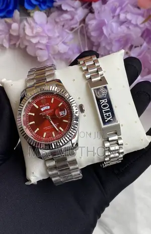Stylish Red-Dial Rolex-Inspired Day-Date Watch X Bracelet