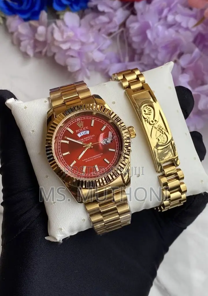 Stylish Red-Dial Rolex-Inspired Day-Date Watch X Bracelet