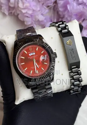 Stylish Red-Dial Rolex-Inspired Day-Date Watch X Bracelet