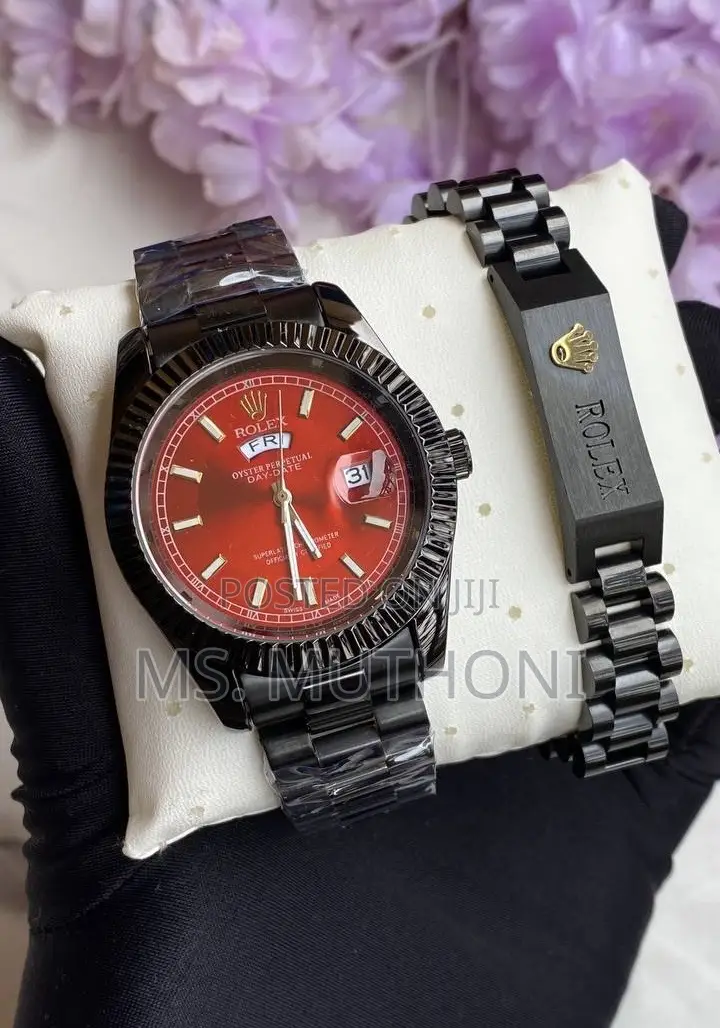 Stylish Red-Dial Rolex-Inspired Day-Date Watch X Bracelet