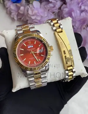 Stylish Red-Dial Rolex-Inspired Day-Date Watch X Bracelet