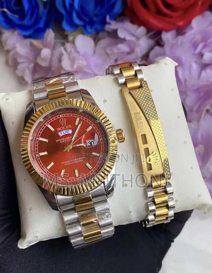 Stylish Red-Dial Rolex-Inspired Day-Date Watch X Bracelet