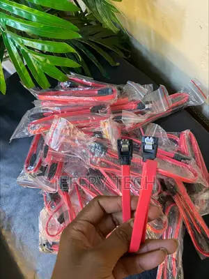 Red SATA Data Cable With Locking Latches Held in a Hand,