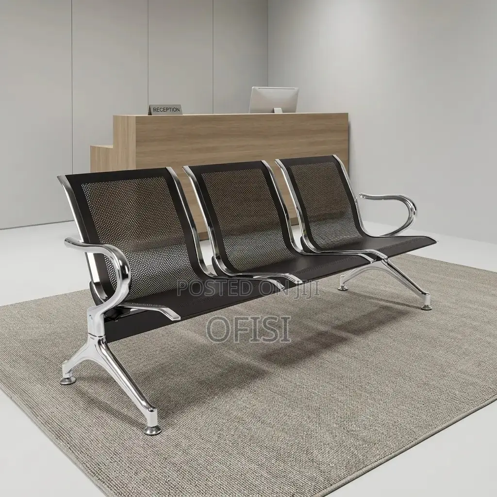 Waiting Bench; 3 Seater Black Steel Waiting Bench
