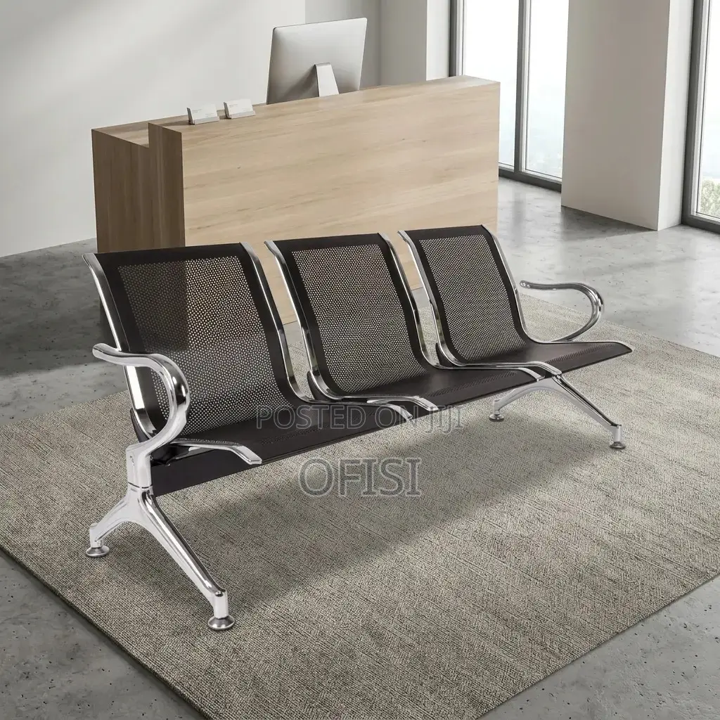 Waiting Bench; 3 Seater Black Steel Waiting Bench