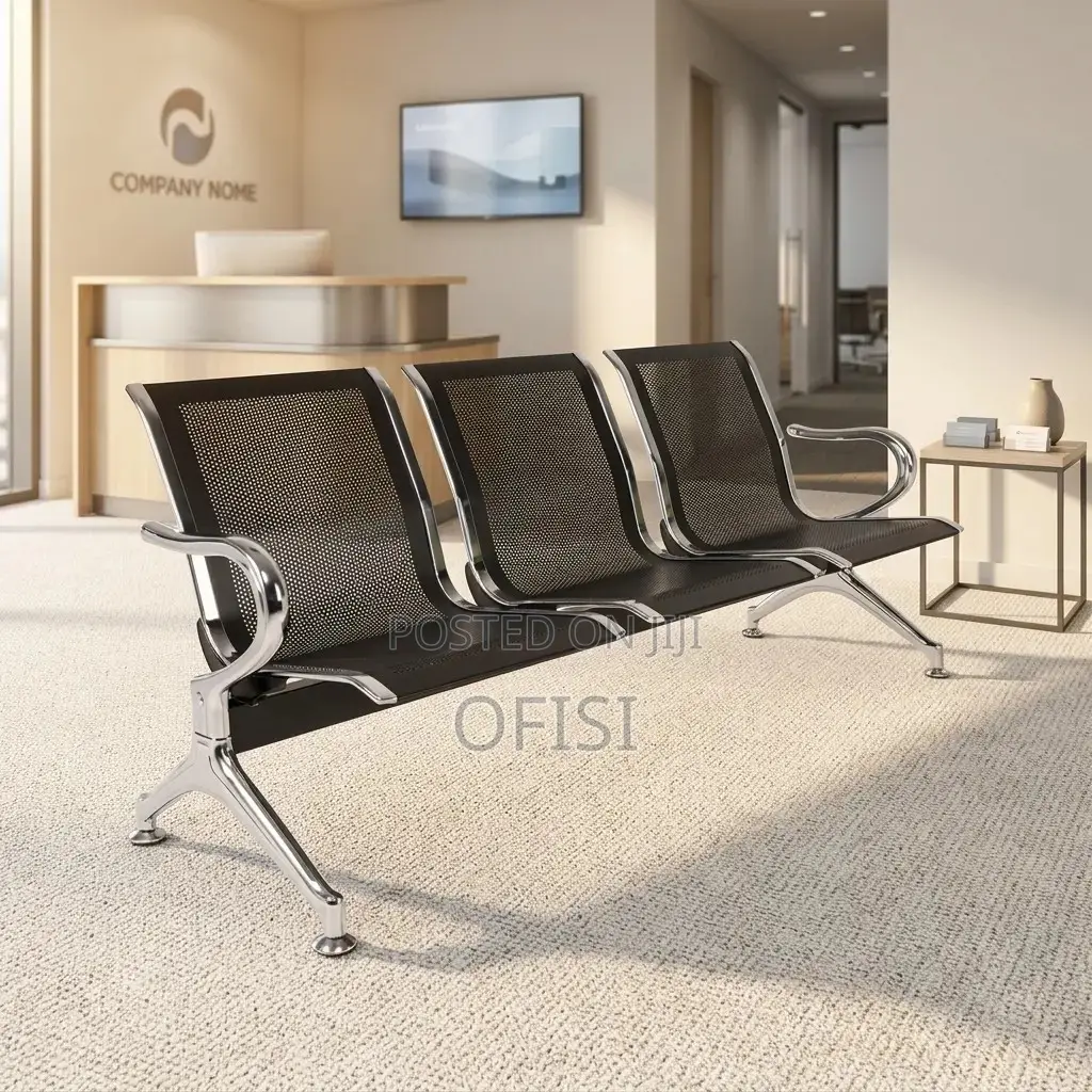 Waiting Bench; 3 Seater Black Steel Waiting Bench