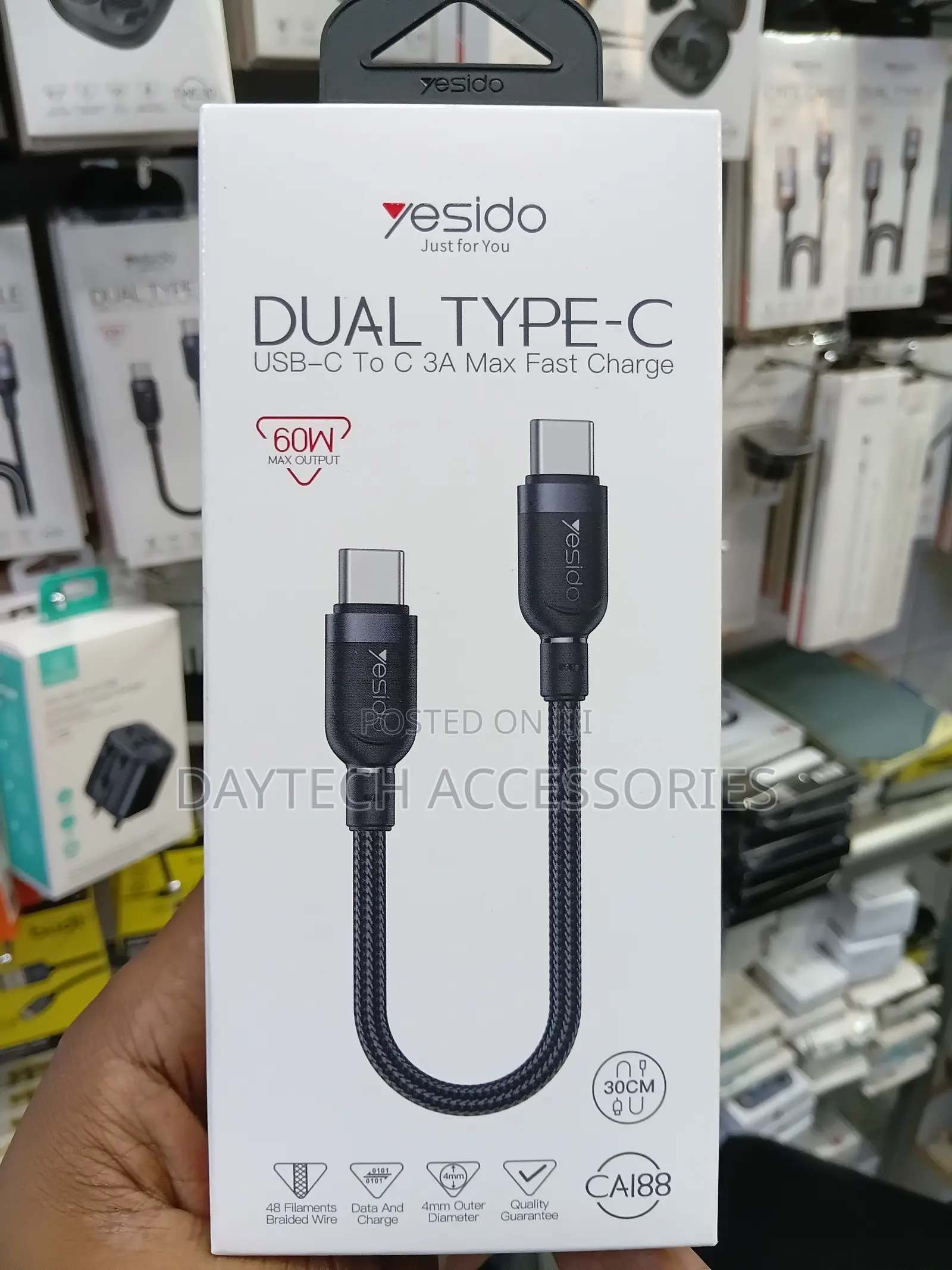 Yesido CA188 60W Dual Type-C to Type-C Cable 30cm - Black