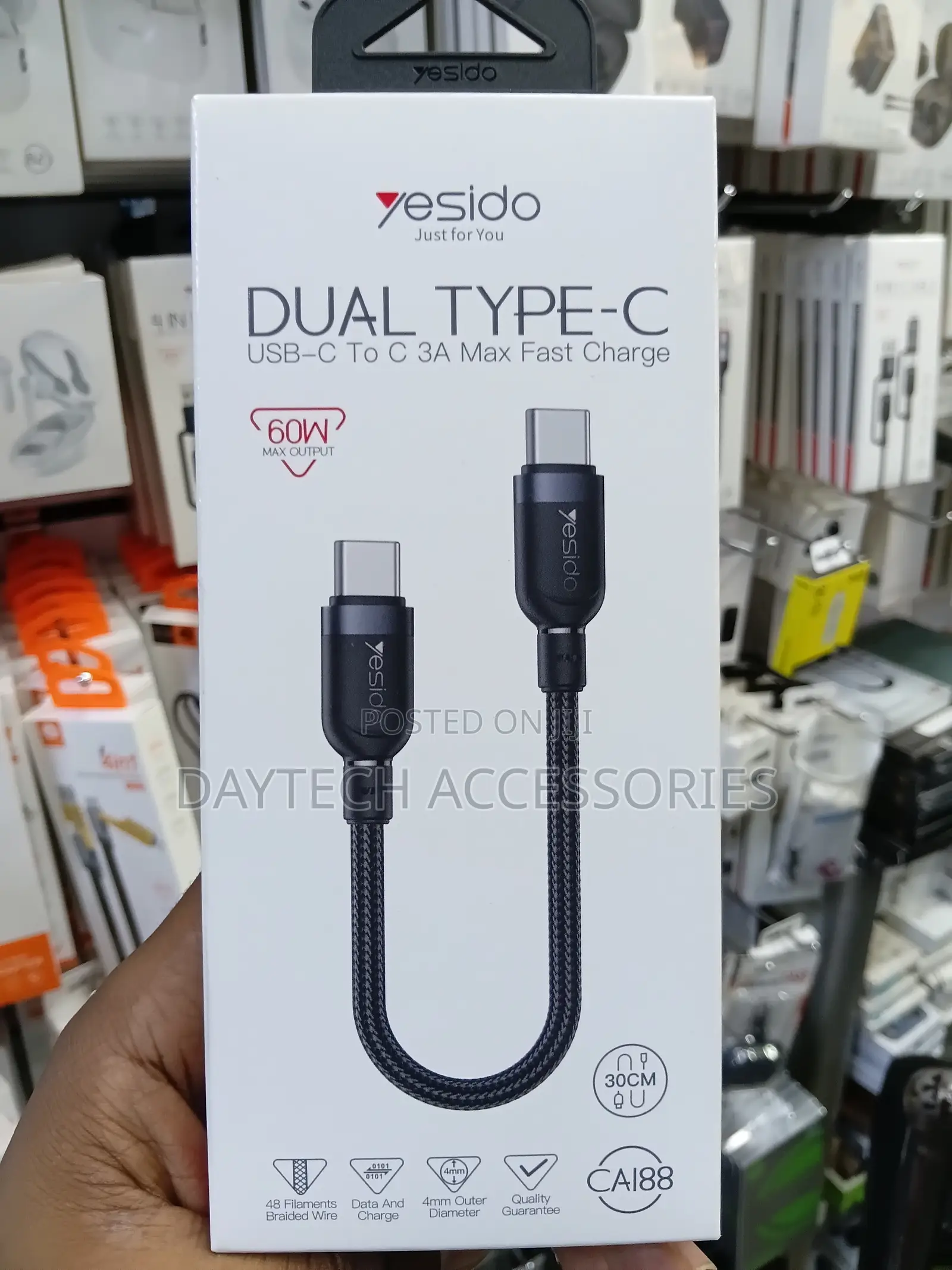 Yesido CA188 60W Dual Type-C to Type-C Cable 30cm - Black