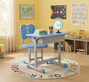 Home Desk; Adjustable Brown Blue Desk Chair Set