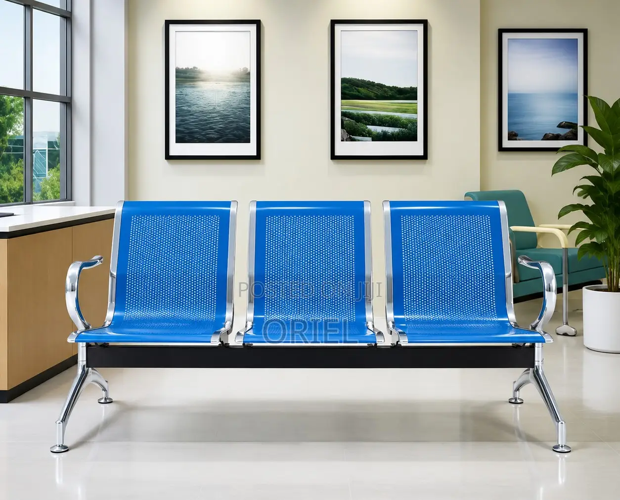 Office Bench : 3-Link Blue Metallic Waiting Bench