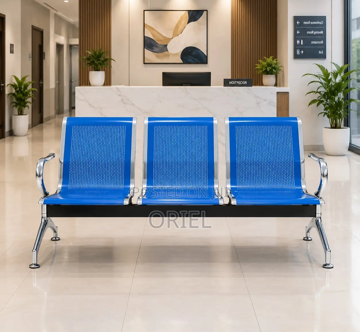 Office Bench : 3-Link Blue Metallic Waiting Bench