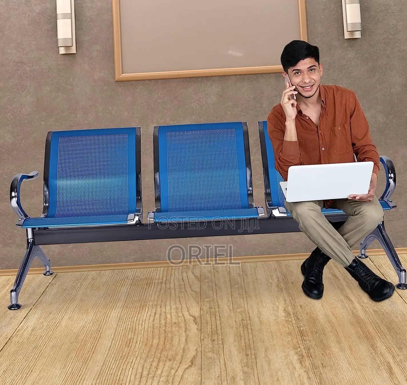 Office Bench : 3-Link Blue Metallic Waiting Bench