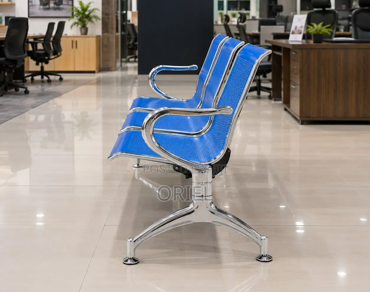 Office Bench : 3-Link Blue Metallic Waiting Bench