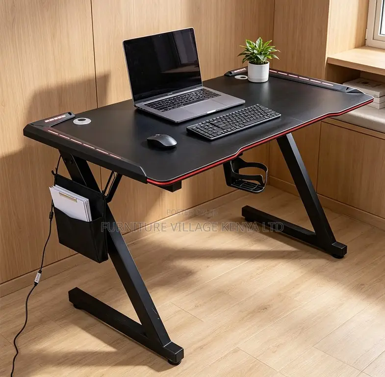 Gaming Desk; Black Imported Lighted Home-Office Gaming Desk