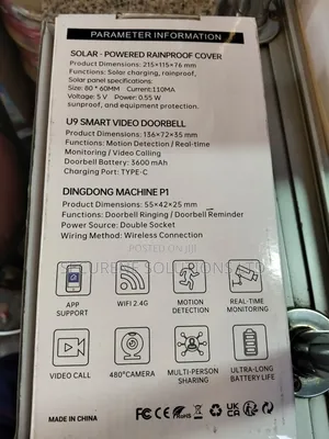 U9 Smart Video Doorbell , Solar-Powered Rainproof Cover Kit.