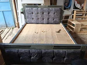 Modern Upholstered Bed – Navy Blue With Gold Trim Sunburst Headboard