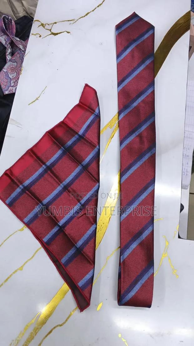 Maroon Stripped Tie With Matching Pocket Square