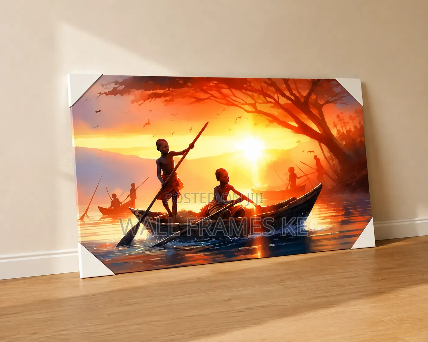 African Sunset Fishing Framed Canvas Print Wall Art Painting Mounts