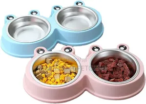 Pet Double Bowl Stainless Steel Food Drinking Bowl(Blue)