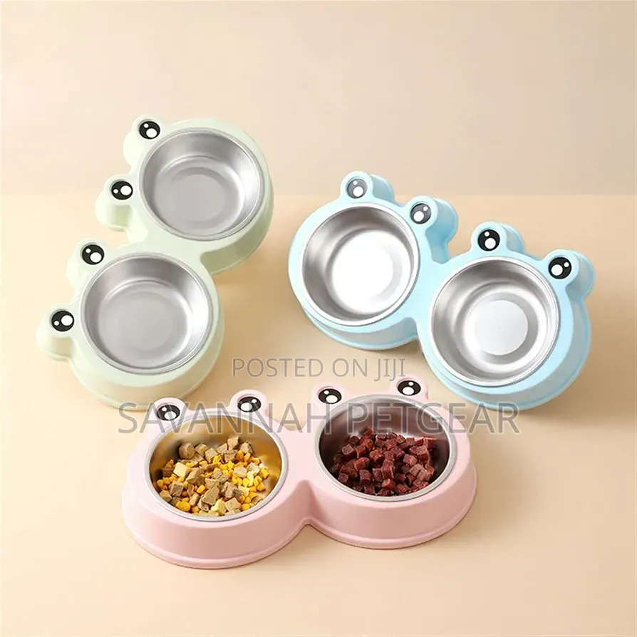 Pet Double Bowl Stainless Steel Food Drinking Bowl(Blue)