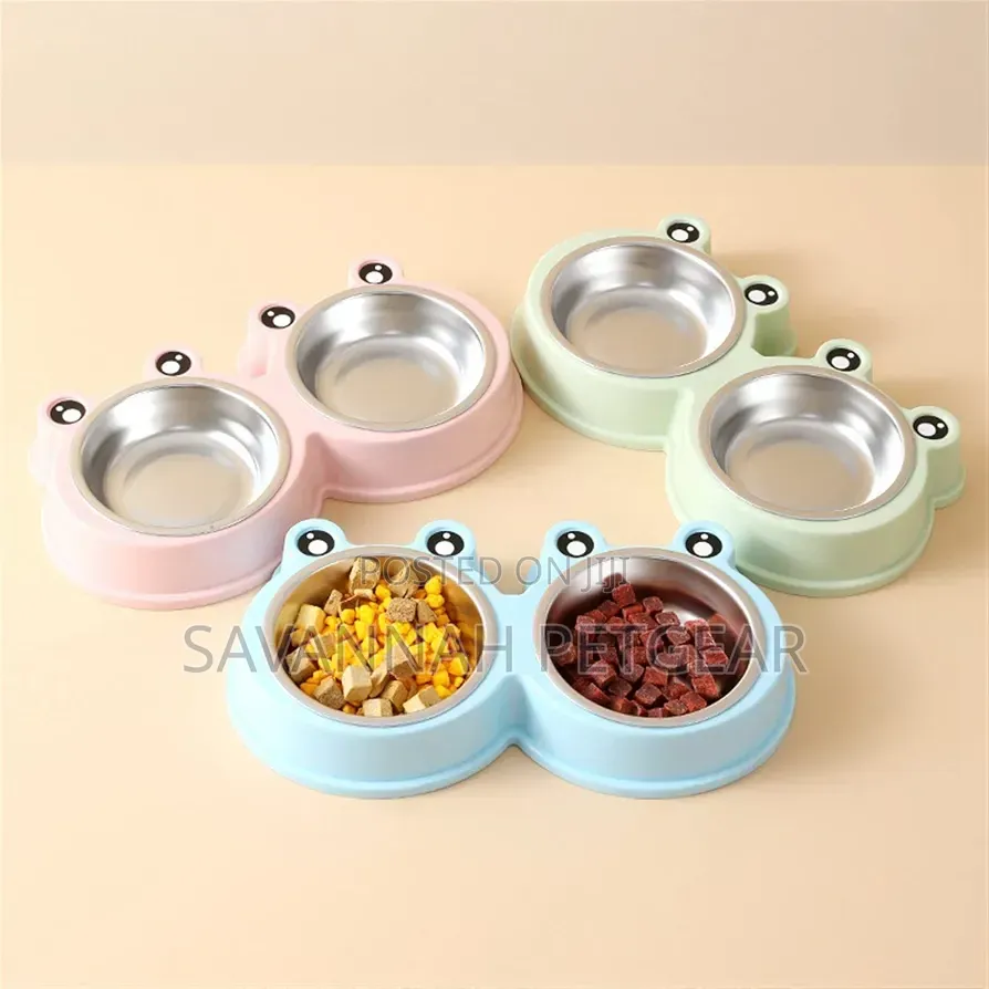 Pet Double Bowl Stainless Steel Food Drinking Bowl(Blue)