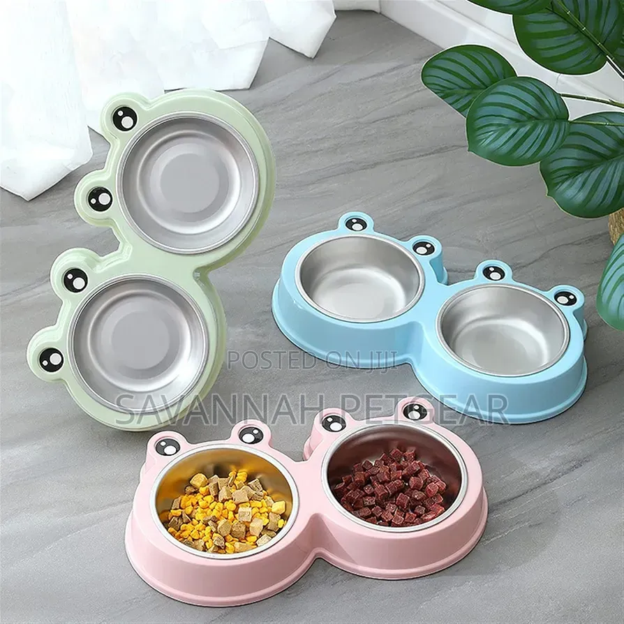 Pet Double Bowl Stainless Steel Food Drinking Bowl(Blue)