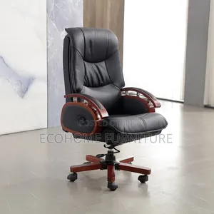 Executive Leather Office Chair With Wooden Armrests Base