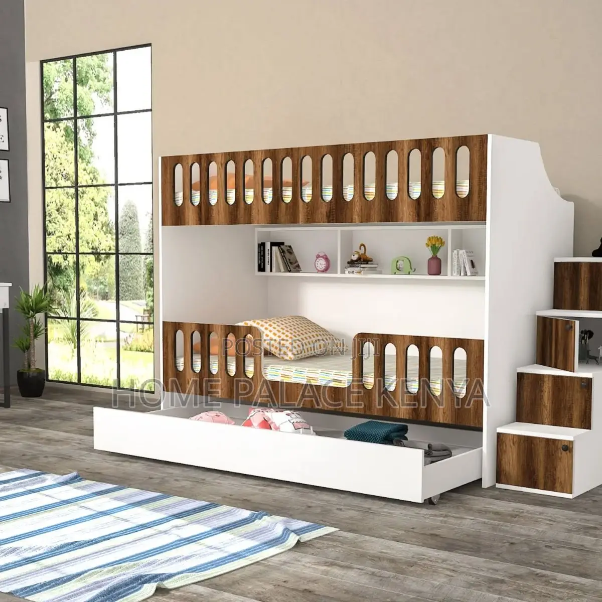 Bunk Bed: Contemporary Wooden Bunk Bed With Ladder