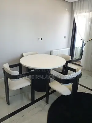 Dining Set: Modern Wooden Round Dining Furniture With Fabric Chairs