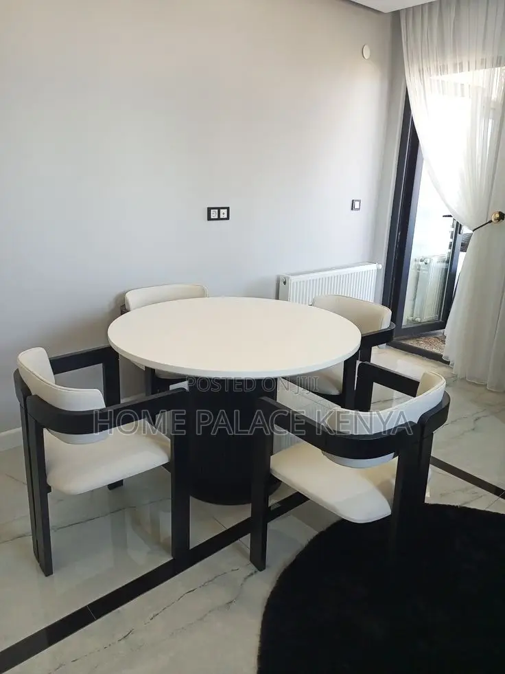 Dining Set: Modern Wooden Round Dining Furniture With Fabric Chairs