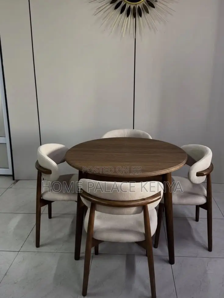Dining Set: Modern Wooden Round Dining Furniture With Fabric Chairs