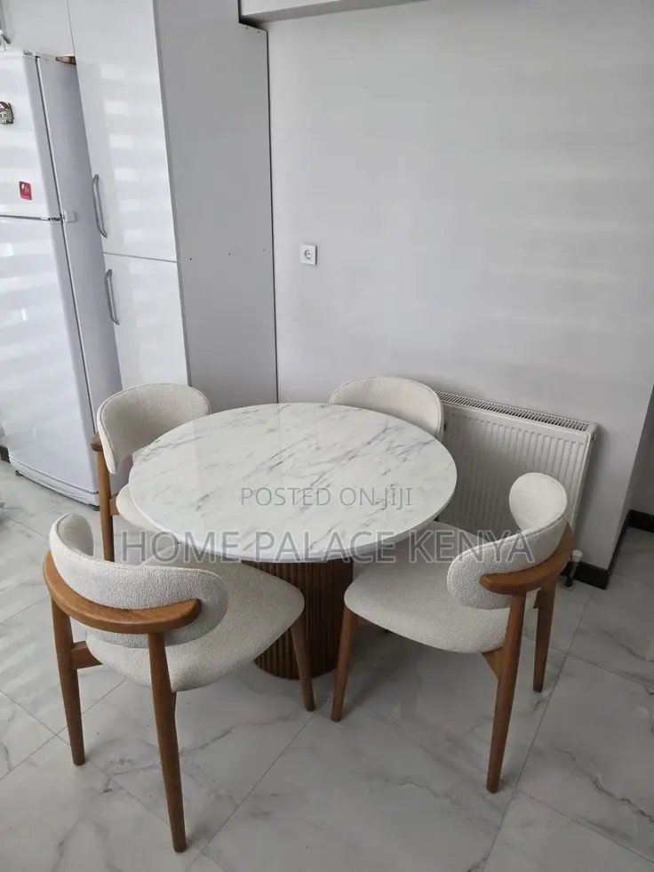 Dining Set: Modern Wooden Round Dining Furniture With Fabric Chairs