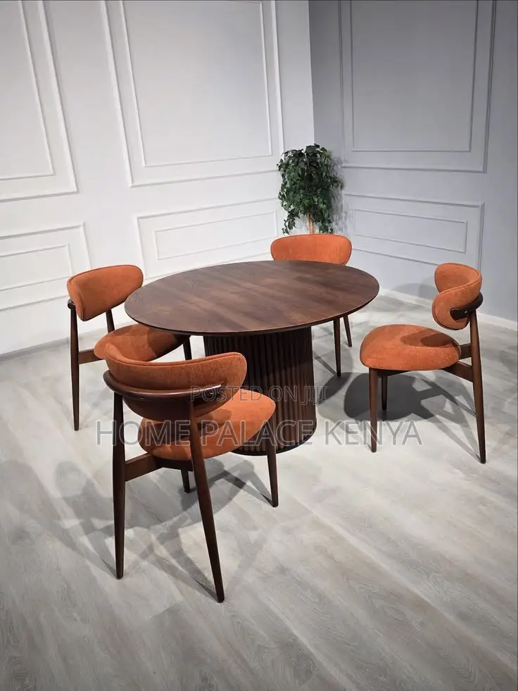 Dining Set: Modern Wooden Round Dining Furniture With Fabric Chairs