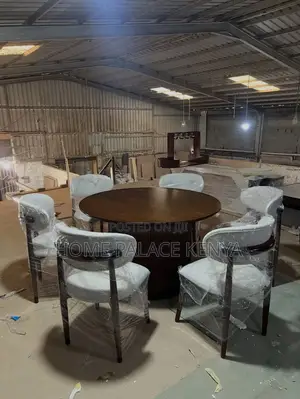 Dining Set: Modern Wooden Round Dining Furniture With Fabric Chairs