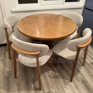 Dining Set: Modern Wooden Round Dining Furniture With Fabric Chairs