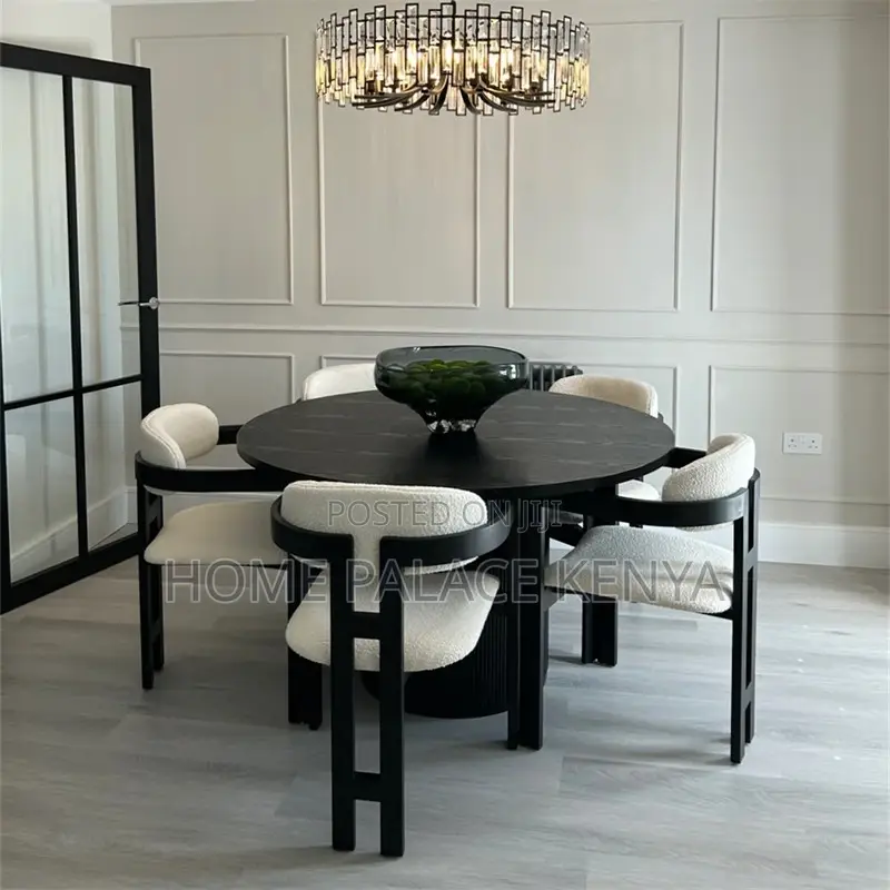 Dining Set: Modern Wooden Round Dining Furniture With Fabric Chairs