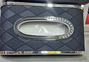 Diamond Pattern Faux Leather Tissue Box With Silver Trim Rhinestone