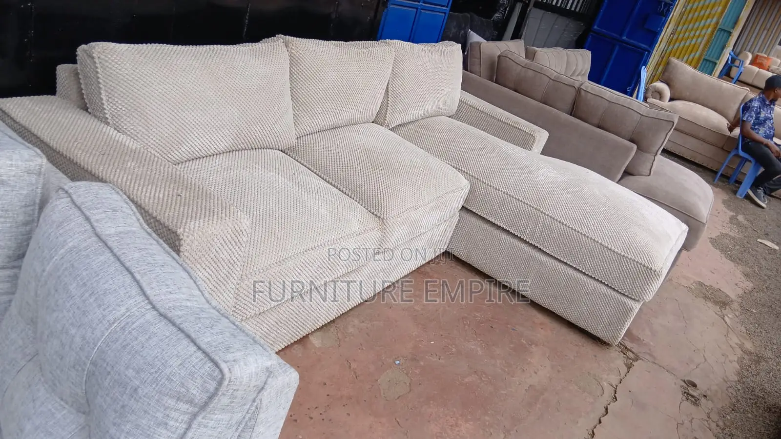 6 Seater L-Shaped Sofa Beige Bubble Fabric