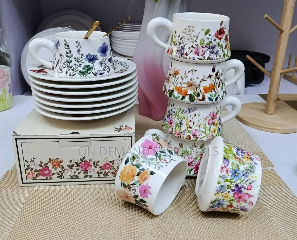 Elegant Retro Hand-Printed Peony Flower Coffee Cups Saucers