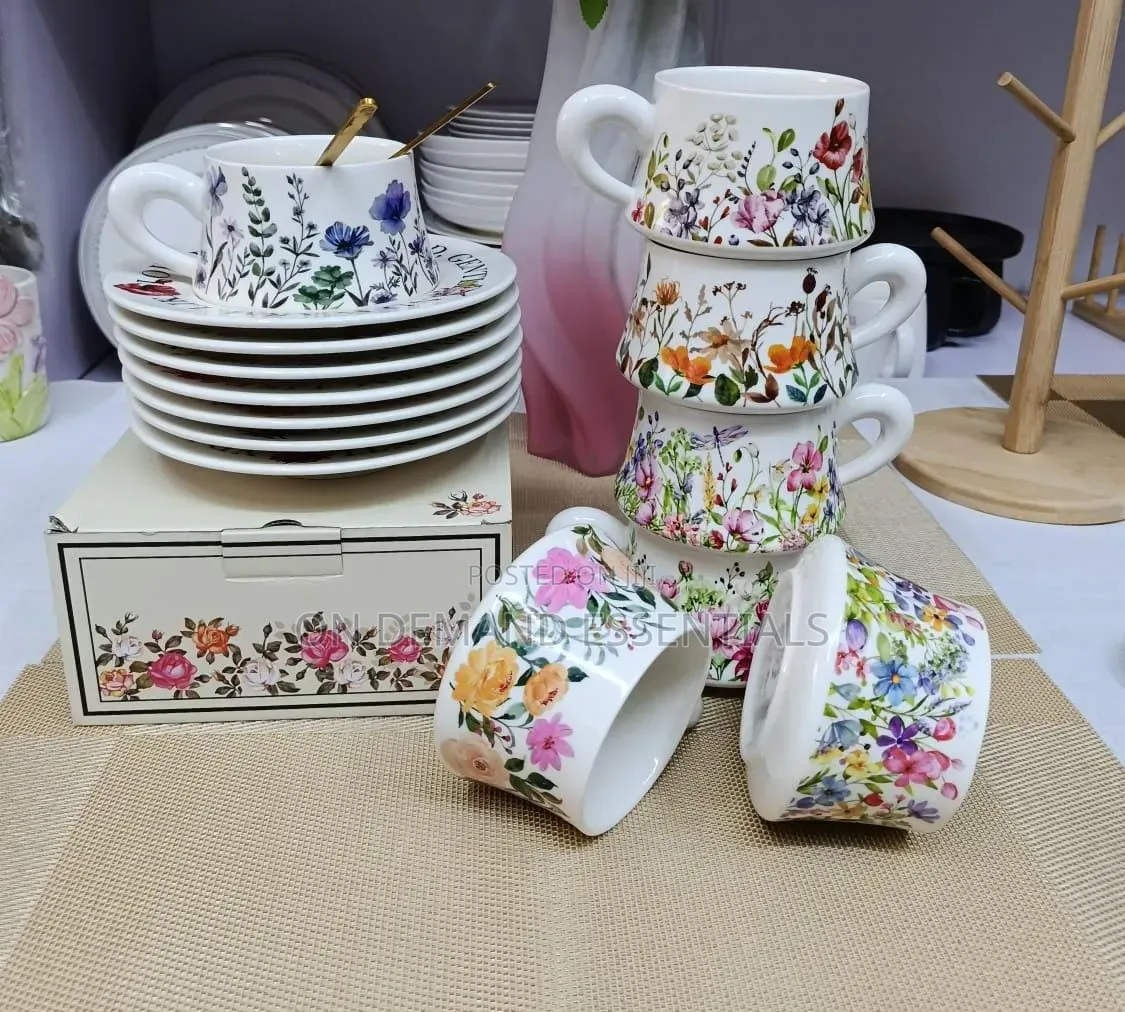 Elegant Retro Hand-Printed Peony Flower Coffee Cups Saucers