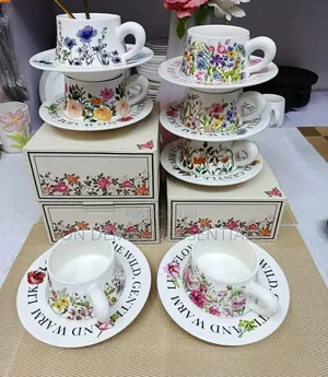 Elegant Retro Hand-Printed Peony Flower Coffee Cups Saucers